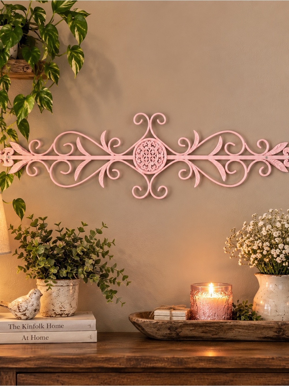 Vintage Scrollwork Pink Metal Wall Accent - Unbranded